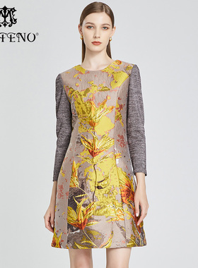 马天奴春新款金黄色花卉提花圆领A字时尚中长款连衣裙子时尚气质