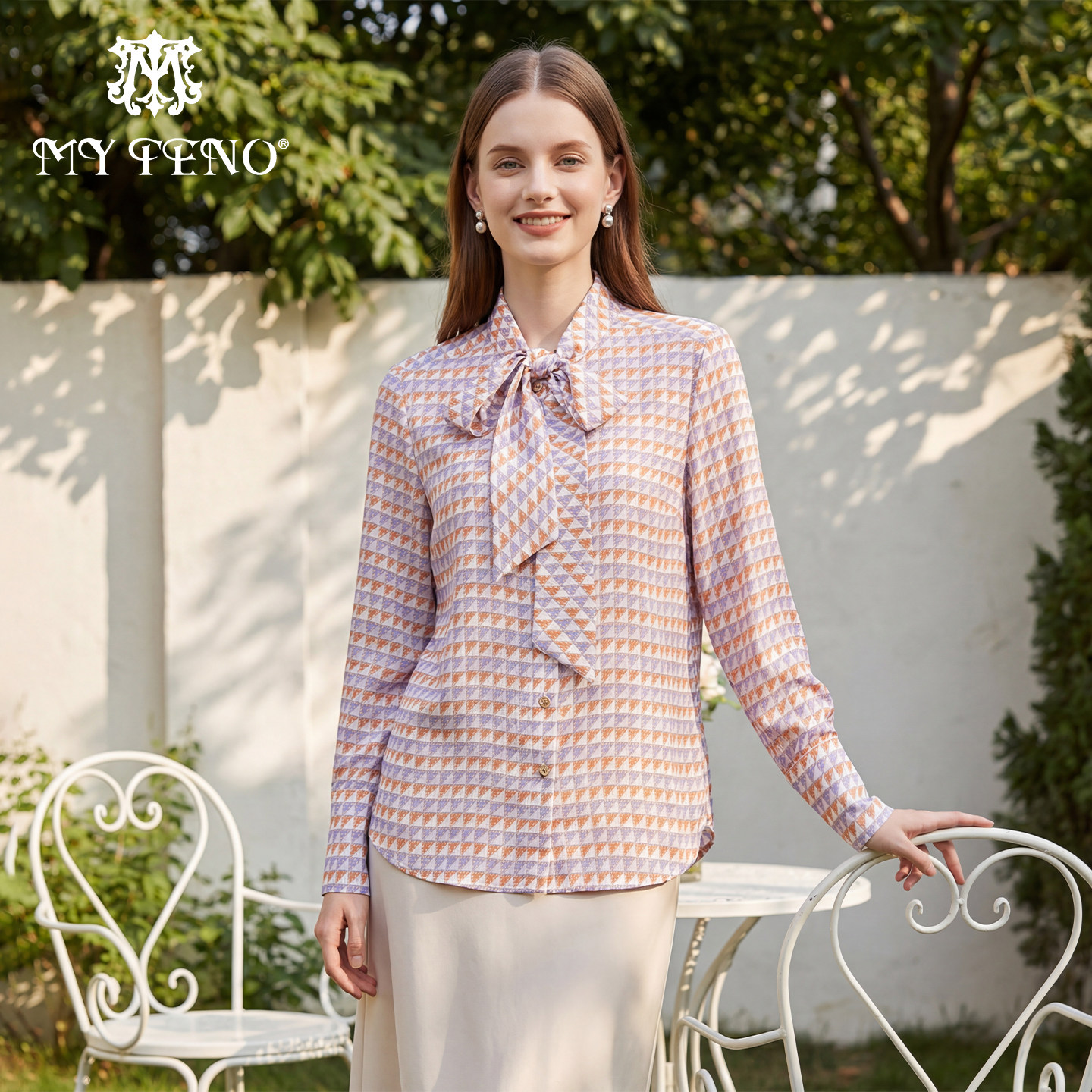 马天奴女装春夏新款紫色印花飘带领长袖衬衣法式衬衣上衣气质时尚