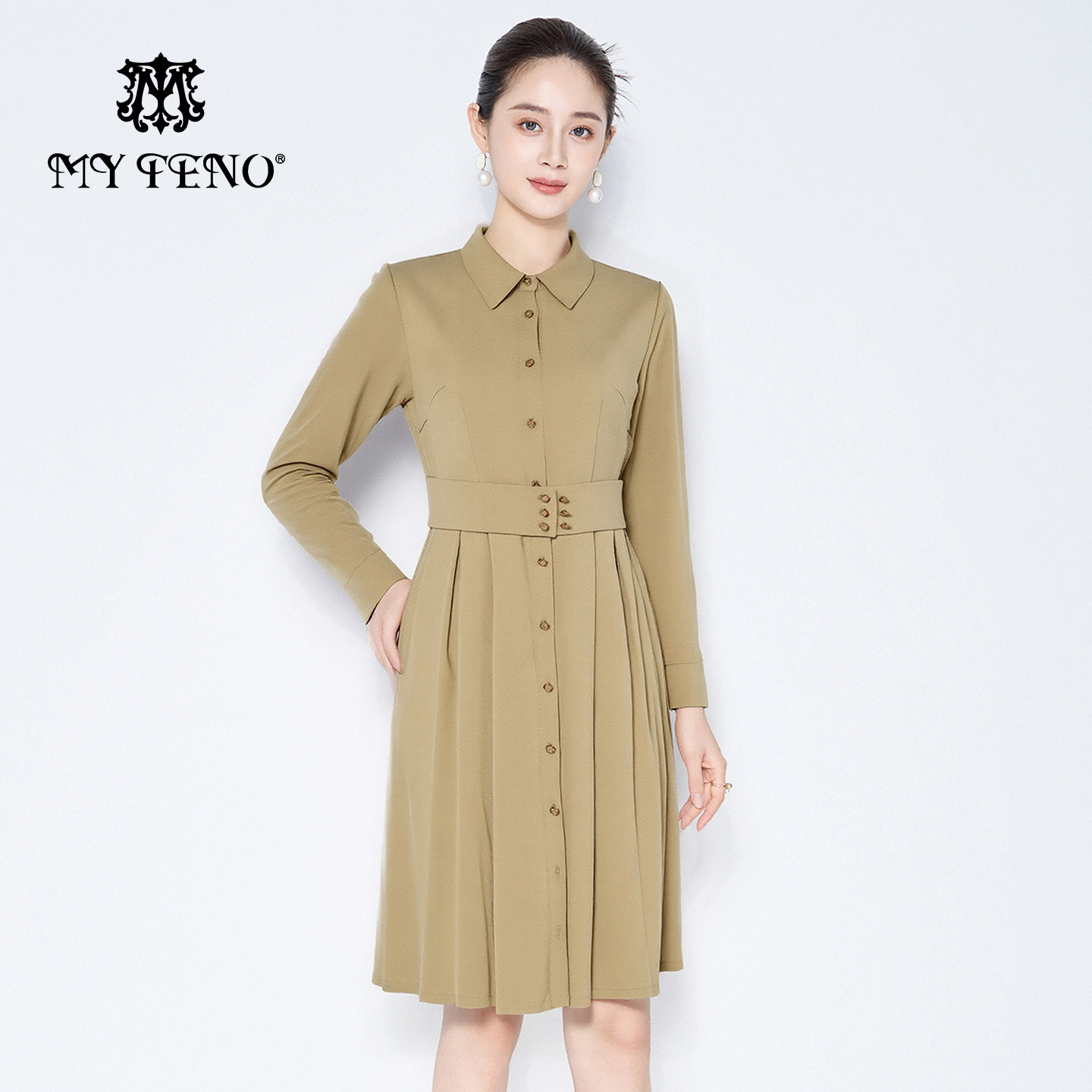 马天奴2025冬季新款卡其色衬衫领长袖连衣裙子收腰气质时尚通勤女,女装/女士精品,连衣裙,淘宝优惠券,粉丝福利购,淘宝优惠卷