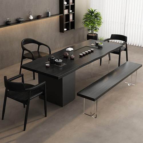 侘寂风实木茶桌现代家用客厅办公简约茶桌茶盘一体碳化黑茶桌组合