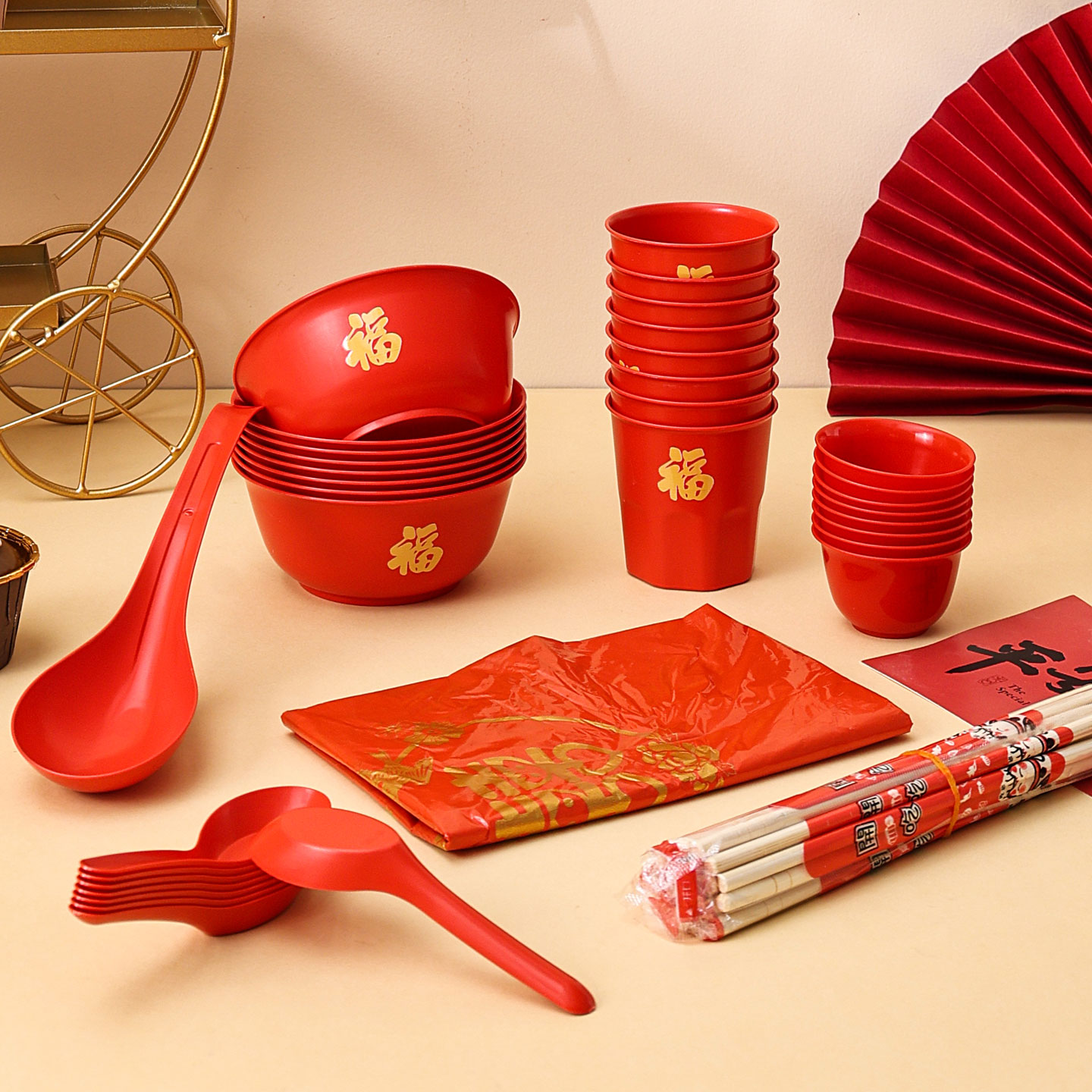 生日寿宴红色一次性餐具套装