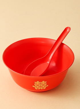 訂婚宴席结婚喜宴碗勺红色餐具套装一次性加厚家用450ml防摔大碗