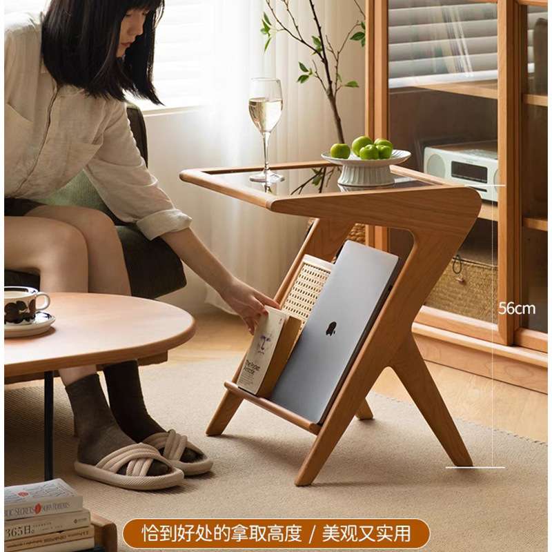 中古边几实木沙发边几可移动樱桃木日式家具藤编玻璃小桌子置物架