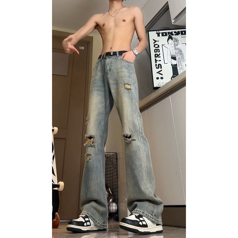 复古蓝破洞牛仔裤男高腰夏季古着vintage裤子美式vibe弯刀微喇裤