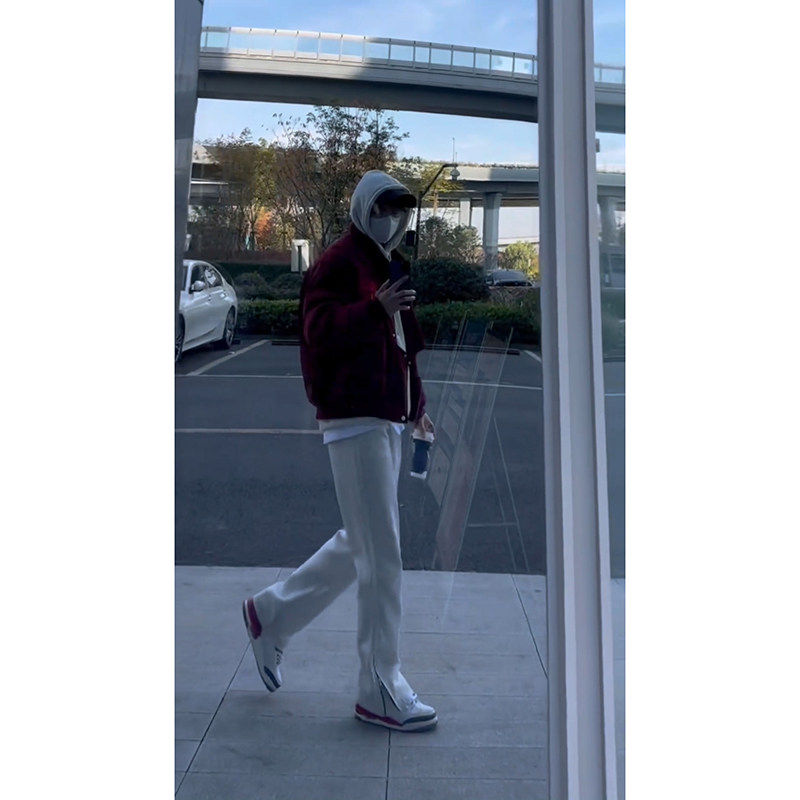美式复古灰色拉链微喇卫裤男款初秋青少年裤子宽松直筒运动休闲裤
