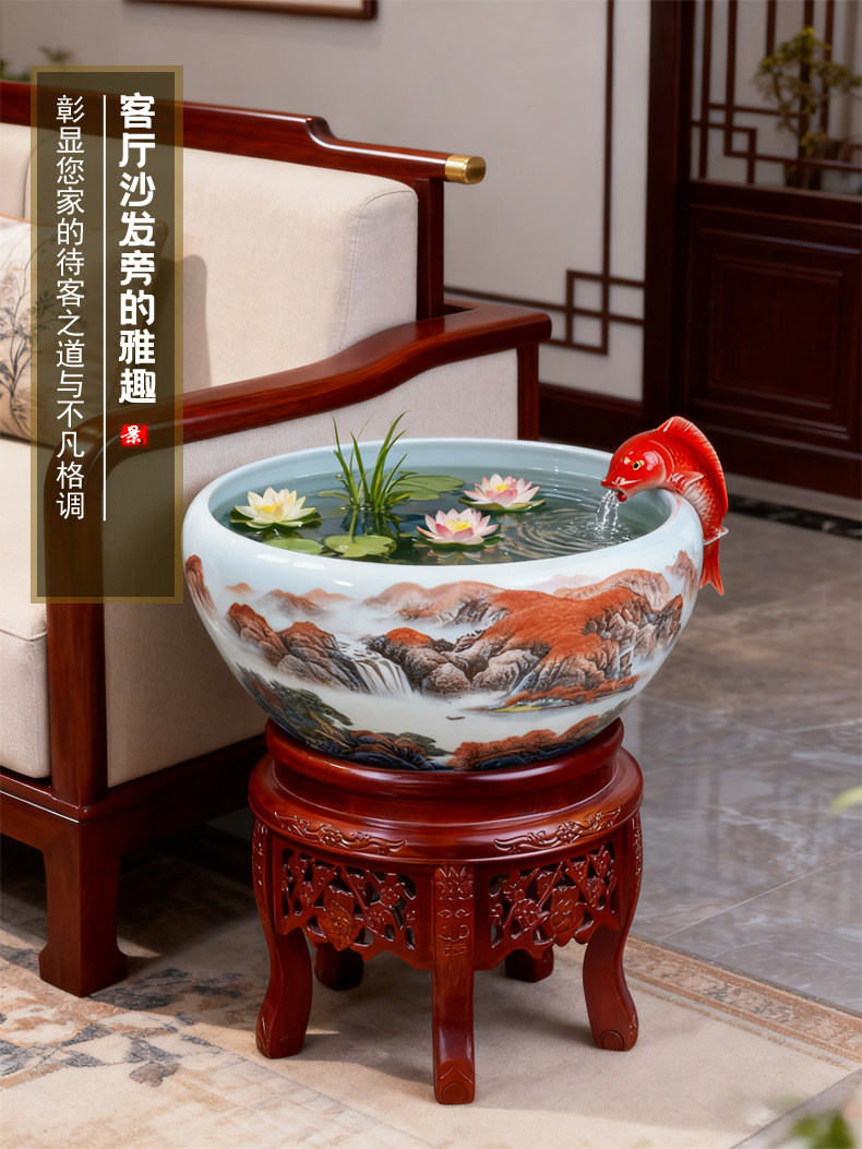2025新款景德镇陶瓷鱼缸过滤循环流水客厅办公室养金鱼乌龟缸摆件
