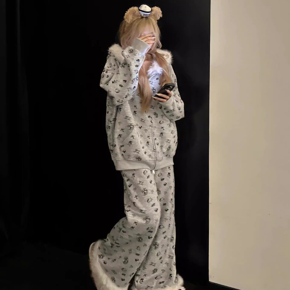 豹纹德绒连帽卫衣可爱卡通睡衣女2026秋冬天毛绒家居服套装可外穿