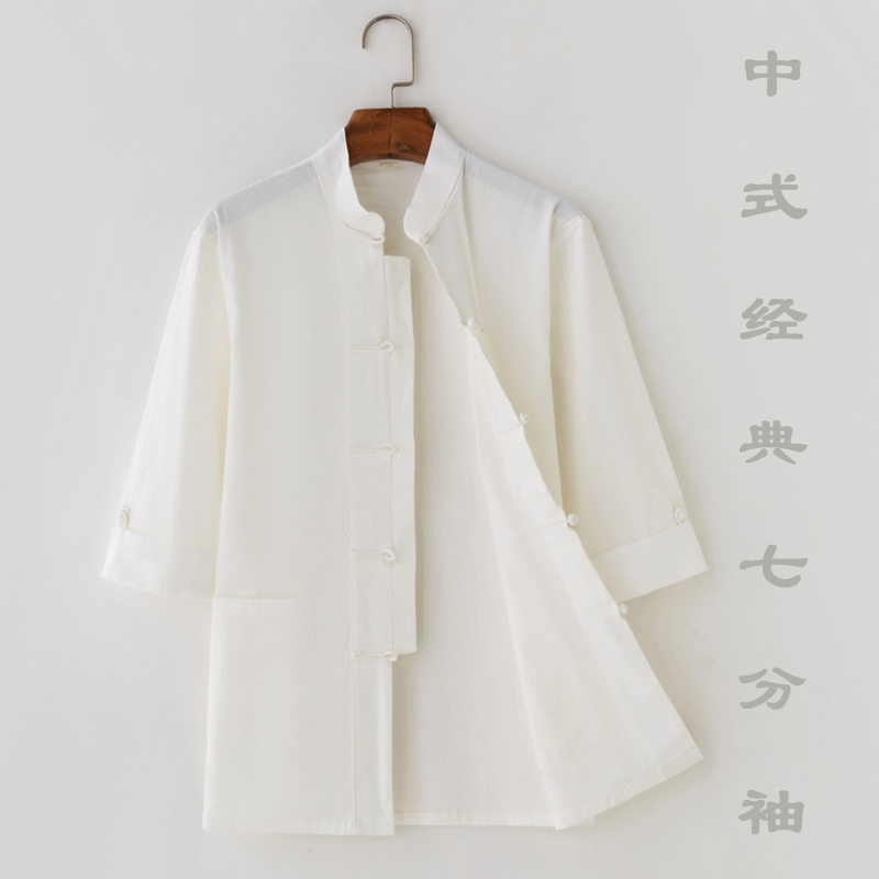 夏季七分袖d男唐装男中袖上衣中国风弹力棉七分袖衬衫中式盘扣休