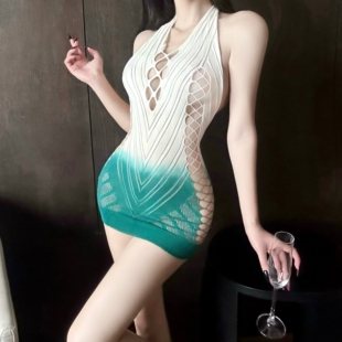 性感镂空网衣肚兜女深V透视包臀裙辣妹可撕露背挂脖睡衣修身睡裙