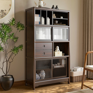 宋式美学小博古架黑胡桃色实木多宝阁禅意茶柜书柜置物架展示矮柜