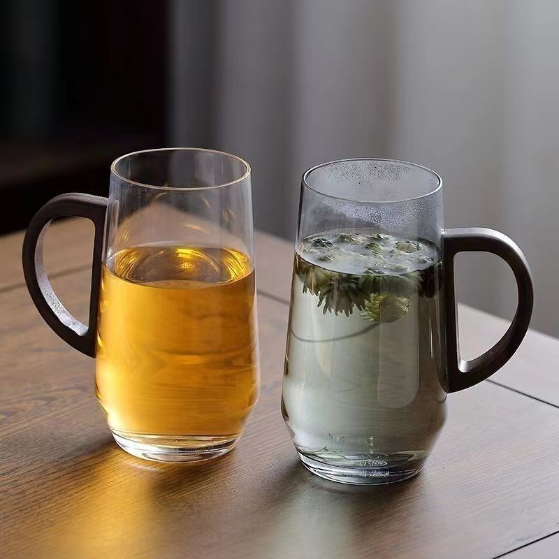 玻璃绿茶杯个人专用水杯高颜值胡桃木把花茶杯泡茶家用耐高温杯子图片