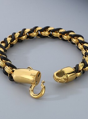 厂家货源横纹皮手环 潮流复古回纹O字链编织皮绳不锈钢男士手链