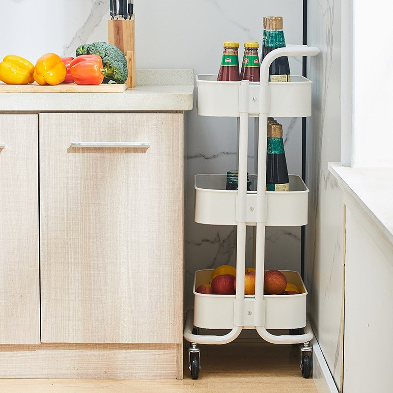 不锈钢厨房置物架带轮移动落地卧室客厅收纳架落地三层手推车