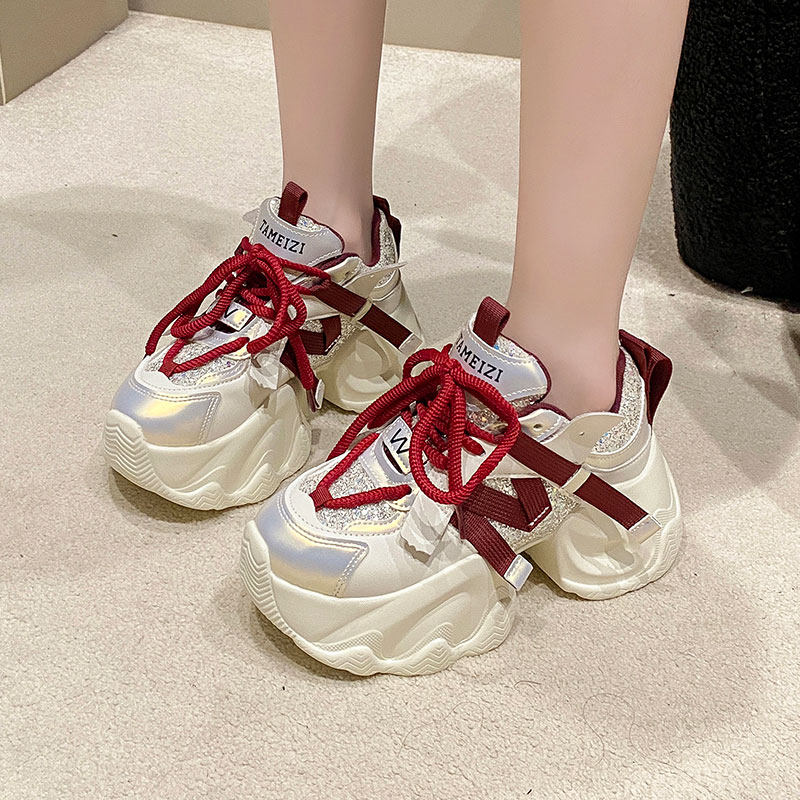 2025春季新款7cm内增高女鞋厚底亮片老爹鞋女百搭松糕运动休闲鞋