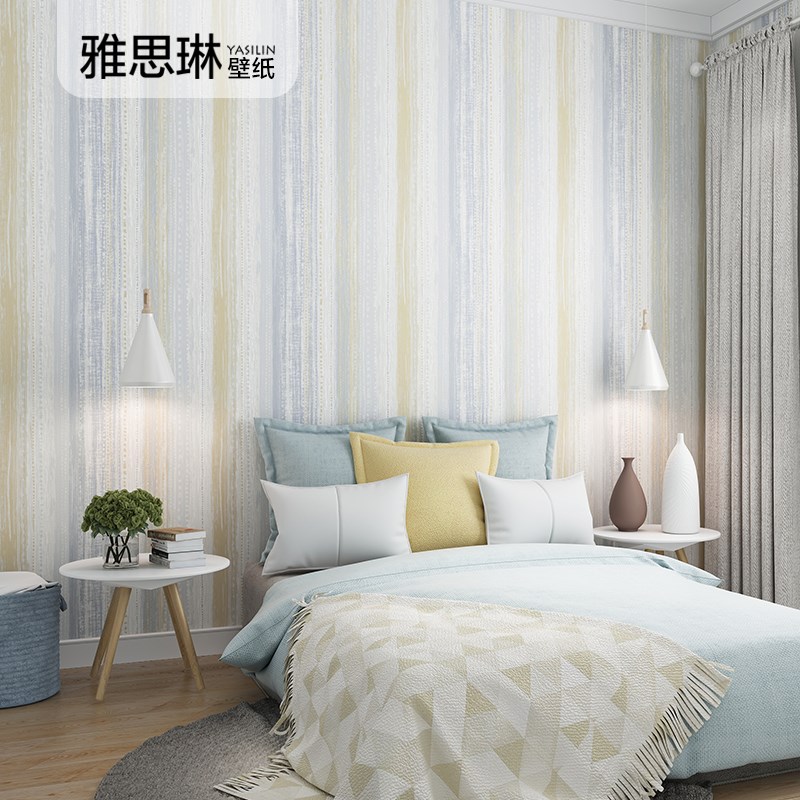 北欧无纺布绿色粉色蓝色条纹墙纸现代简约客厅卧室背景儿童房壁纸