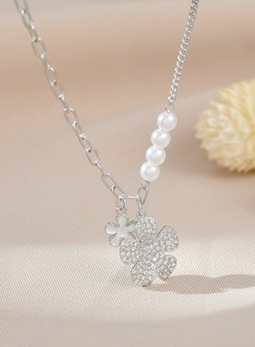 秋冬新款真金电镀镶锆石气质锁骨链女高级感珍珠花瓣项链百搭颈链