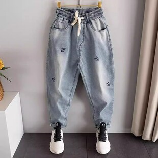 休闲九分老爹裤 男秋冬加绒潮牌宽松小脚哈伦裤 300斤牛仔裤 特大码