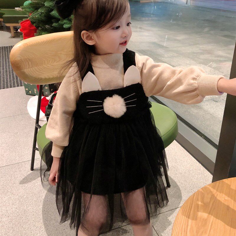 女童纱裙2021新款秋冬黑色洋气时尚背心吊带网纱公主女宝宝连衣裙