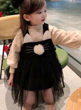 女童纱裙2021新款秋冬黑色洋气时尚背心吊带网纱公主女宝宝连衣裙