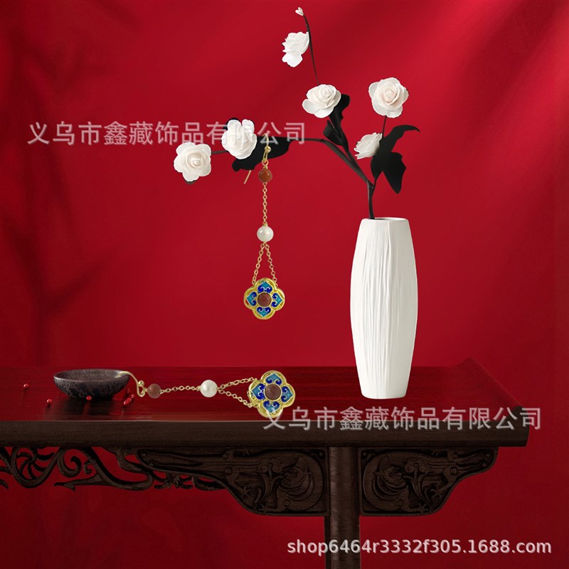 复古中国风蓝色滴釉花朵长款流苏耳环简约气质古S典珍珠仙耳饰