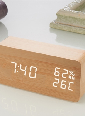 闹钟铃创意静音懒人夜光复古电子时钟时尚ledQ木头钟声控新款湿度