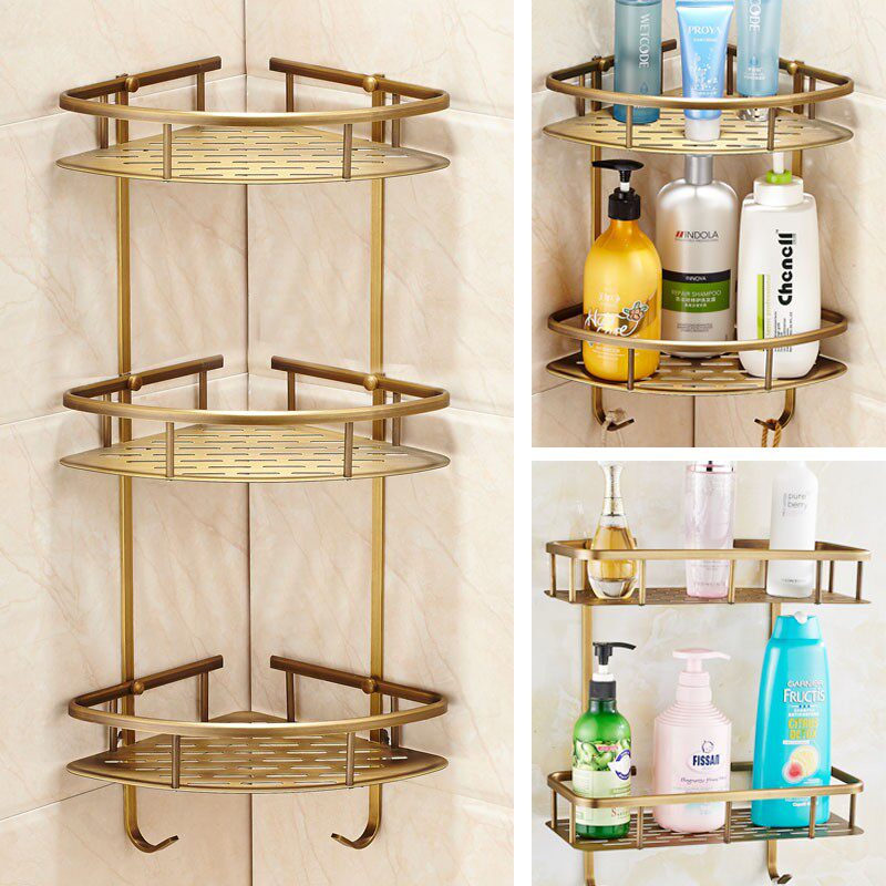 欧式复古浴c室单层墙角置物架卫浴挂件全铜仿古三角网篮双层转角