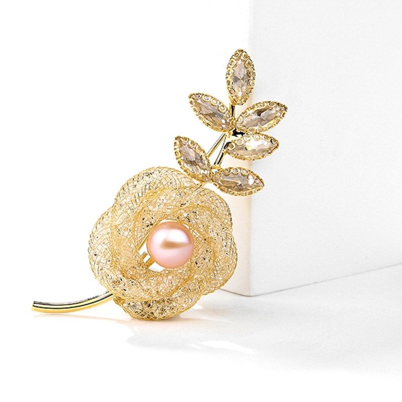 2021新款镂空玫瑰花胸针女粉色淡水珍珠胸花韩版个性气质大衣别针