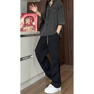 男夏季 套装 薄款 宽松大码 子搭配一整套帅气 黑白条纹冰丝衬衫 裤 短袖