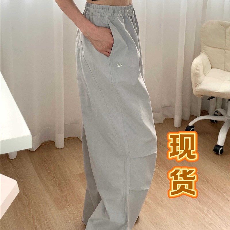 夏季薄款冰丝速干休闲工装裤女高B个子加长抽绳系带设计感阔腿裤