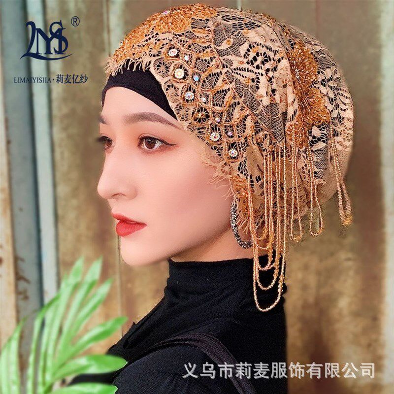厂家盖头女回头巾帽蕾丝帽子串珠流苏帽纱巾新款遮发包头帽民族风