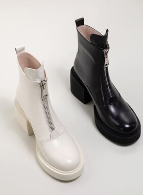手工女鞋~6cm高跟马丁靴女2023冬季新款圆头厚底短靴白色真皮女靴