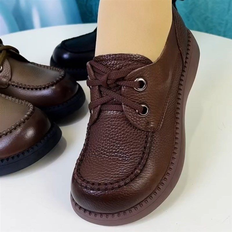 2023年春秋新款手工缝制真皮单鞋女平底系带小皮鞋舒适软底妈妈鞋,女鞋,浅口单鞋,淘宝优惠券,粉丝福利购,淘宝优惠卷
