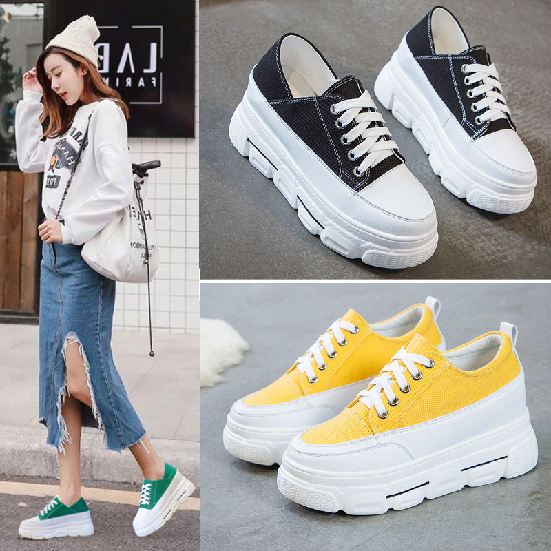 网红厚底帆布鞋女2021春秋新款真皮内增高两穿小码松糕休闲运动鞋,女鞋,浅口单鞋,淘宝优惠券,粉丝福利购,淘宝优惠卷
