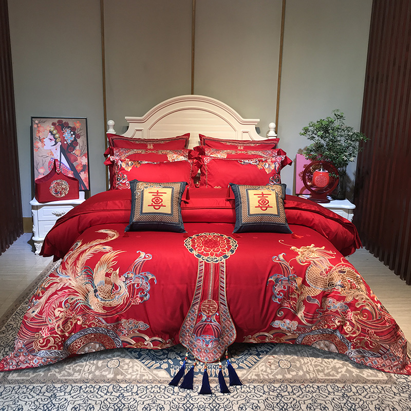 龙凤婚庆四件套大红刺绣新婚六十一件套结婚高档套件婚嫁床上用品