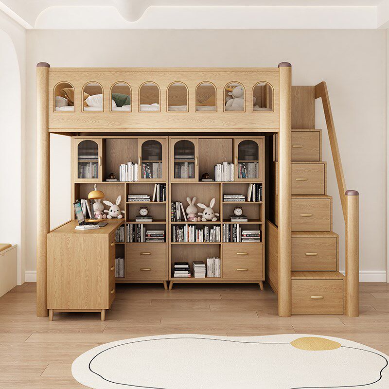 实木上床下桌儿童床书桌一体高低床带书L桌衣柜小户型上下铺木床