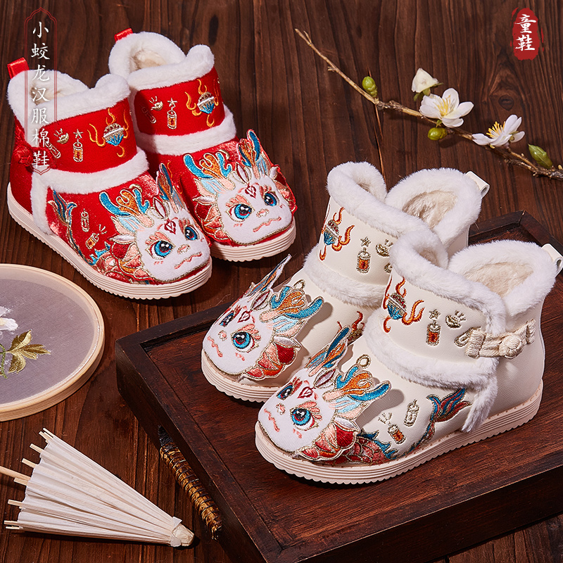 汉服鞋女童手工幼儿雪靴棉靴2023新款加绒儿童绣花棉.鞋拜年冬季