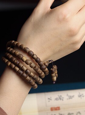 文莱软丝绿奇楠天然沉香手串108颗桶珠J九分沉水老料手链复古念珠