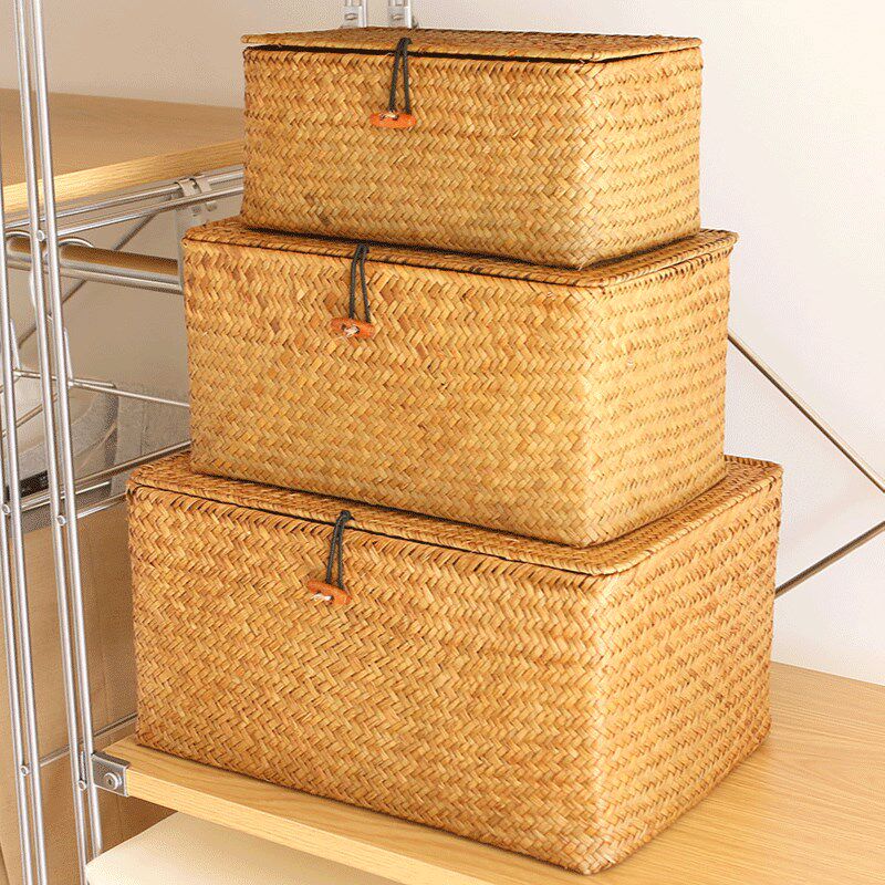 带盖收纳篮海草编手工编织藤编日式民宿收纳箱竹编柳编储物收纳筐