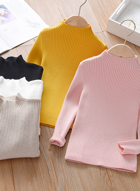 女童毛衣b秋冬2023新款冬季大童半高领加绒黄色打底白色儿童针织