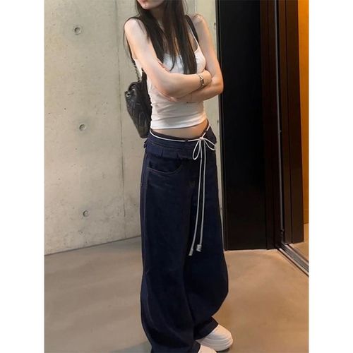 美式宽松腰绳压褶阔腿弯刀牛仔裤女2025春季新款百搭显瘦直筒裤子