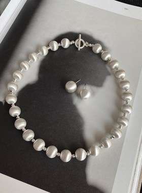 大米饰品】e金属圆球拉丝耳环项链一套小众高级感轻奢2024年新款