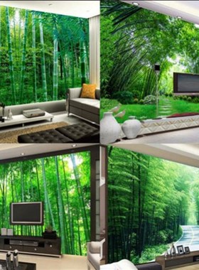 极速3D5D8D立体墙纸绿色v树林电视背景墙壁纸风景壁画客厅卧室无