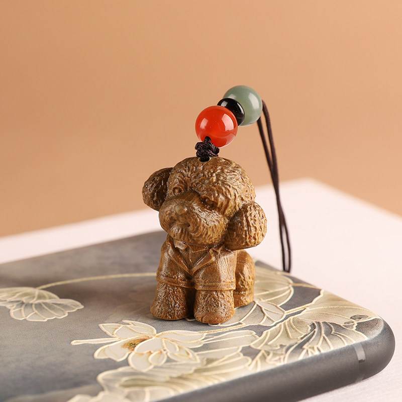 新品檀木泰迪犬汽车钥匙扣u挂件男女卡通可爱生肖狗手机链吊坠钥