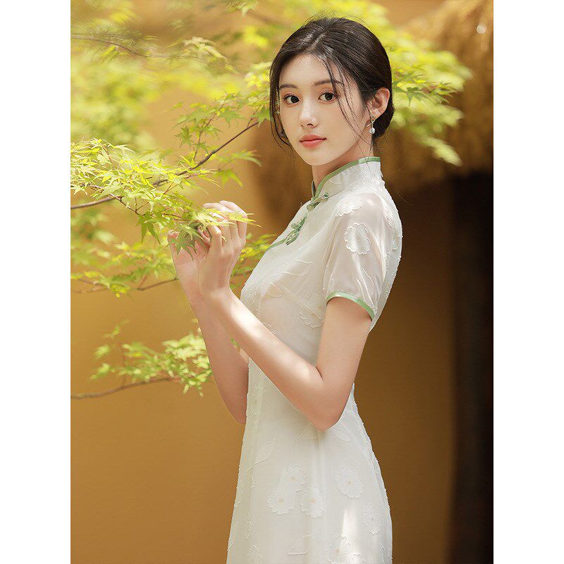 新品白色奥黛旗袍女夏季年轻款气质改良日常小清S新茶服茶艺师服