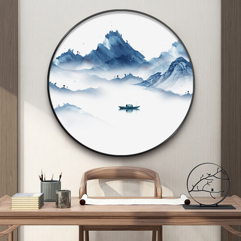 新中式圆形山水画客厅玄关装饰画餐厅茶室书房禅意挂画创意水墨图片