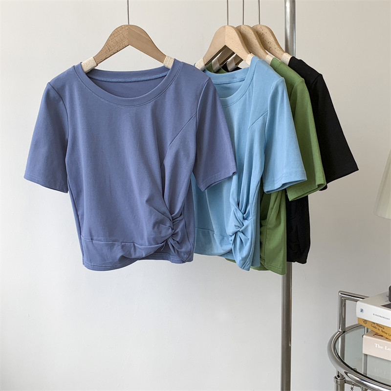 新品打结b短袖T恤女/高腰美式复古纯色AA舞蹈服女修身练功服上衣