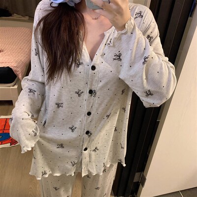 新品大码ins绵绸长袖长裤睡衣套装春秋女款针织棉家居服2.025新款