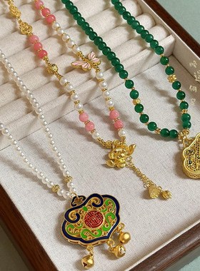 新中式珍珠长f款项链夏天轻奢小众复古国风璎珞旗袍汉服马面裙配