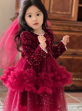 24秋冬女童亮片闪闪公主裙网纱蓬蓬裙连衣裙生日礼服新年装表演服