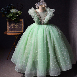 绿色长款儿童礼服演出服公主蓬蓬裙绿色十岁生日礼服女童走秀